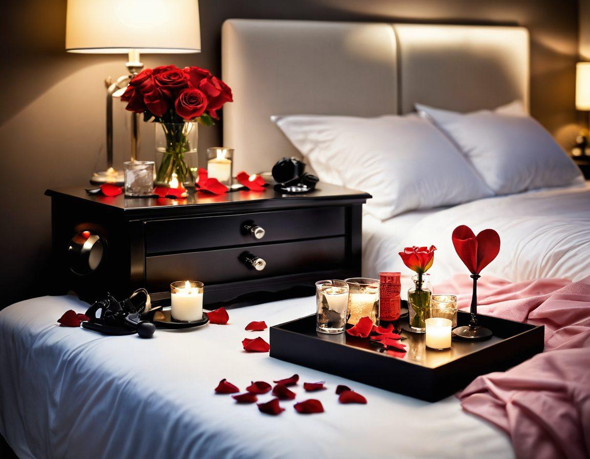 A romantic setting featuring an elegantly arranged bedside table with various intimate gear and sensual toys subtly displayed, surrounded by soft lighting and rose petals for an inviting ambiance. In the background, a couple is playfully engaging with each other, embodying joy and connection. The scene should evoke warmth, trust, and exploration. vibrant colors. soft focus.
